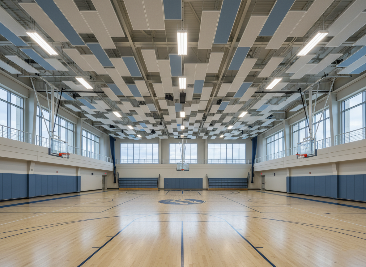 School gymnasium with blue and white acoustic ceiling baffles installed, basketball court floor